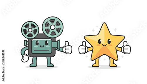Adorable cartoon film projector and golden star characters smiling and giving thumbs up together in flat design.