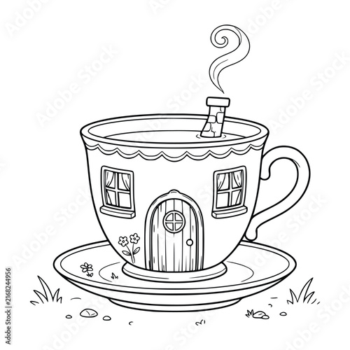 Whimsical Teacup Cottage with Chimney and Smoke in a Garden Coloring Page
