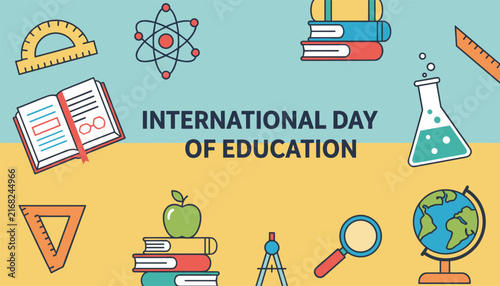 Colorful educational poster design celebrating international day of education with various school supplies and tools.