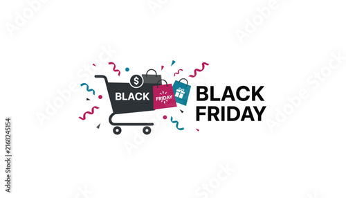 Black Friday promotional banner featuring a shopping cart filled with colorful gift bags and festive confetti.
