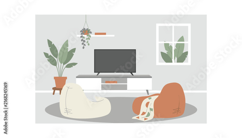 Cozy modern living room interior design with television set beanbag chairs window and decorative house plants.