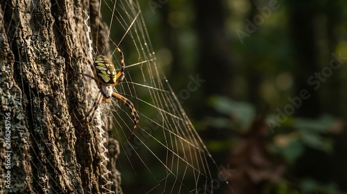 Yellow and black garden spider waiting on intricate web against tree bark