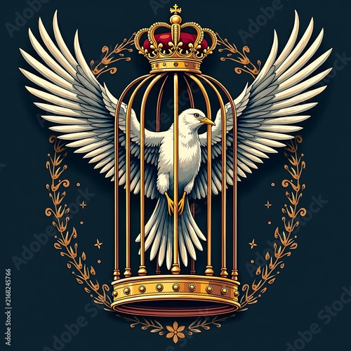 White bird trapped inside golden crown cage with spread wings