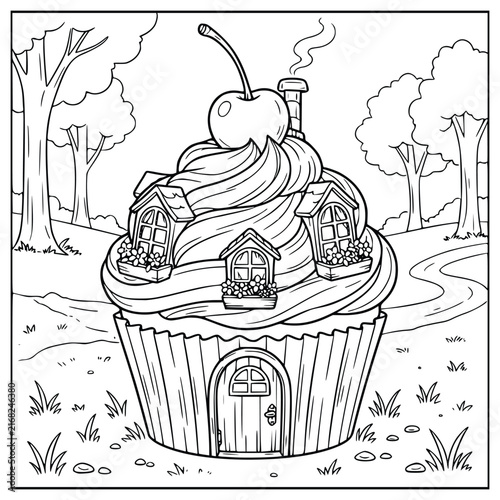 Whimsical Cupcake House with Cherry on Top in a Magical Forest Coloring Page