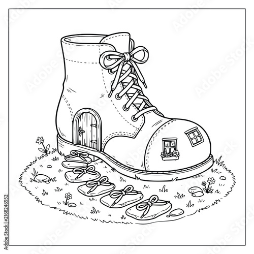 Cute fantasy boot house line art vector illustration for coloring book page design