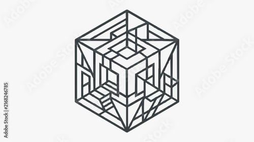 Abstract 3D Geometric Maze Wireframe Cube Art in Monochrome
