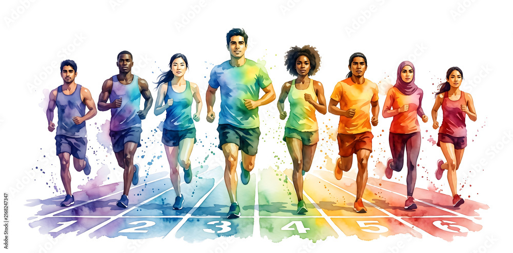 Obraz premium Sports Day Marathon Challenge: Running competition design highlighting a champion, victory, teamwork, and vibrant group concept.