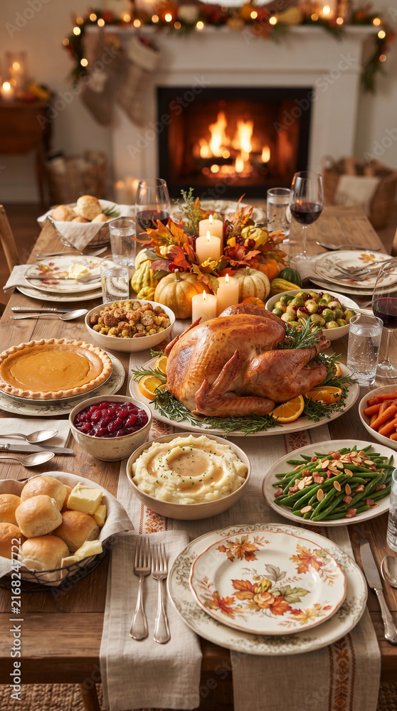 Fototapeta premium A festive Thanksgiving dinner table laden with a roasted turkey, side dishes, and pie, set before a warm, crackling fireplace, symbolizing abundance, togetherness, and the autumn harvest