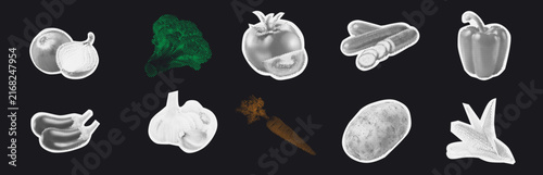 Halftone Cutout Vegetables Set, tomato, broccoli, carrot, pepper, eggplant, garlic, chili, potato, radish, root, edible, farming, agriculture, healthy, dietary, colorful, texture