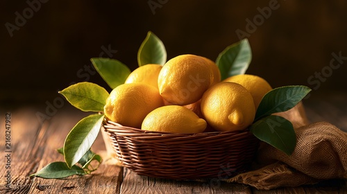 Ripe lemons nestled within a rustic woven basket, arranged on a wooden table, concept for refreshing drinks and citrus culinary ingredients
