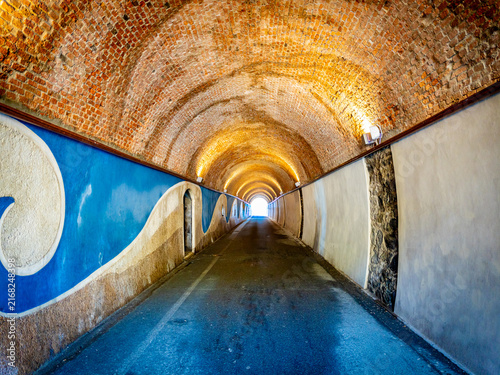 Scenic brick vaulted tunnel providing a pedestrian and cycling path in Monterosso al Mare, Cinque Terre, Italy, with artistic wave murals leading towards the light at the distant exit