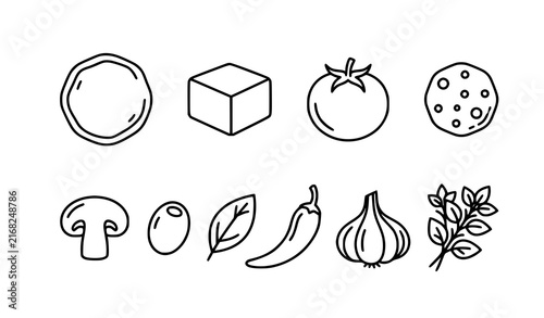 Pizza Ingredient Outline Icon Collection with Dough Cheese Tomato Pepperoni Mushroom Olive Basil and Cooking Symbols Vector