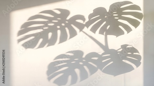 Monstera leaf shadow overlay on white wall in natural afternoon light