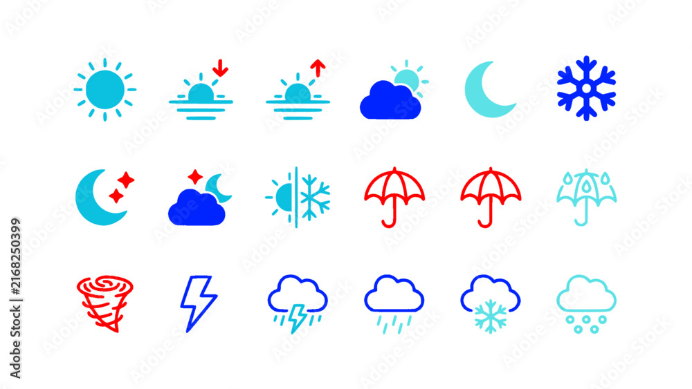 Obraz premium Bright hand-drawn weather and seasonal symbols including sun, clouds, rain, snow, wind, and lightning.