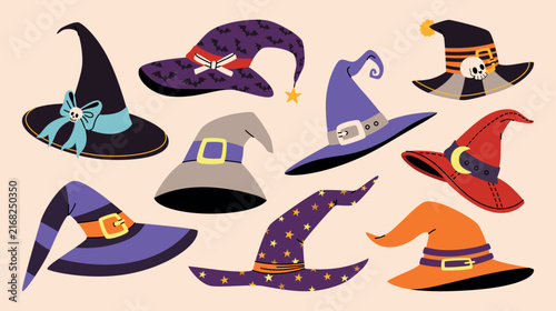 Halloween witch headdress in different designs. Classic pointed hats, patterns, buckles, feathers, cobwebs, ribbons, skull decorations. Hand drawn illustrations for Halloween costumes, party decor.