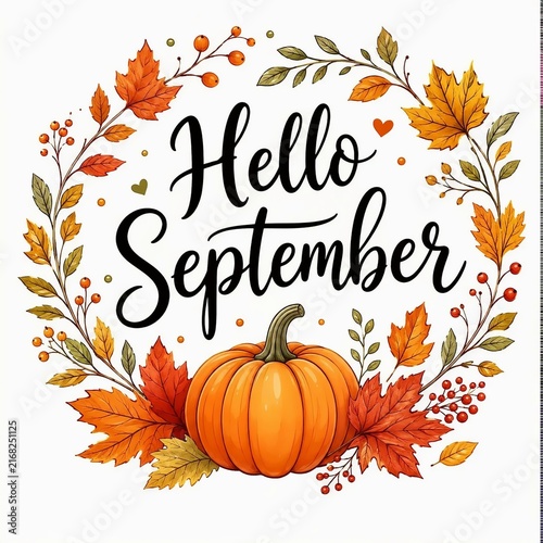 Hello September Autumn Leaves and Pumpkin Greeting Illustration