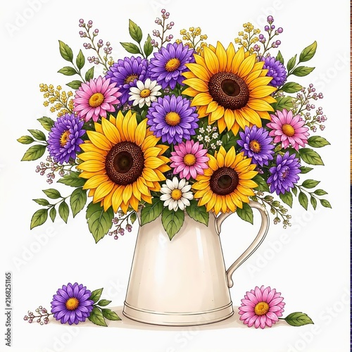 September Flowers Bouquet with Sunflowers and Asters