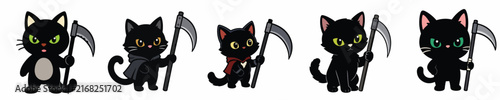 Set of 5 Cute Grim Reaper  black Cat Vectors