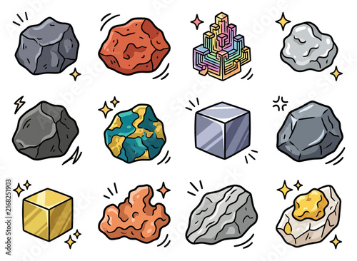 Various minerals and rocks with different textures and colors sparkle and shine