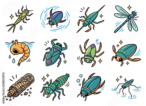 Various aquatic insects and larvae like water striders and dragonflies with cute sparkling details