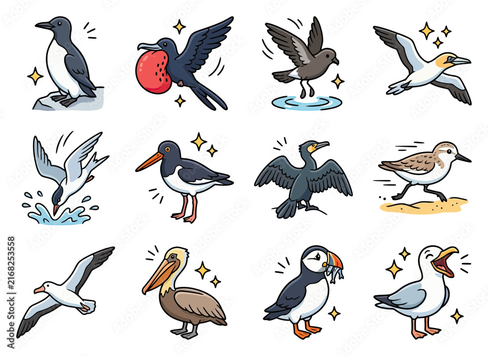 Obraz premium Various seabirds including a puffin with fish and a pelican while a gull squawks happily