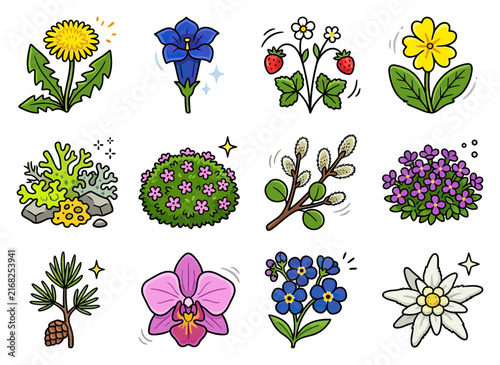 collection of diverse cartoon plants and flowers with bright colors and natural elements