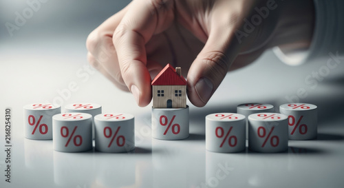 Hand placing miniature wooden house model on percent cylinder representing real estate mortgage rates and property investment.