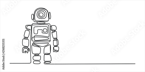 Continuous single line drawing of a cute robot character standing in simple style