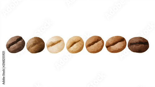 Hand Painted Row of Seven Coffee Beans in Varied Brown Tones on a White Background