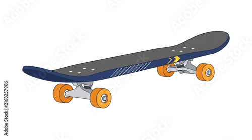 Vector illustration of blue skateboard with orange wheels perspective view isolated on white background