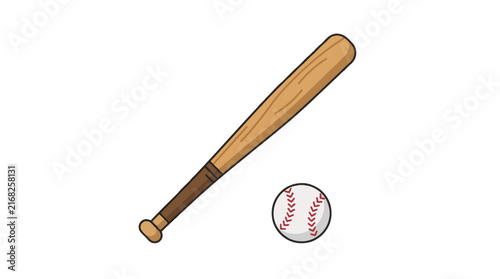 Vector illustration of wooden baseball bat and white leather baseball ball isolated on white background