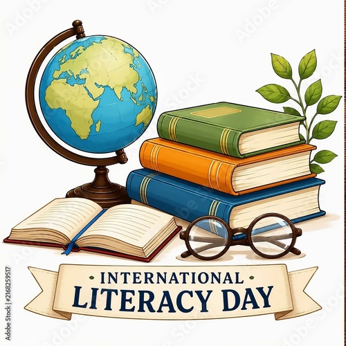 International Literacy Day Books Globe and Reading Education Illustration