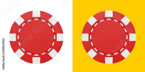 One red casino poker chip shown on white and yellow split background png
