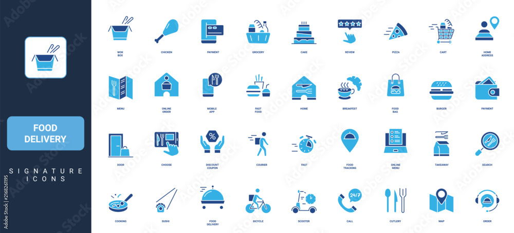 Fototapeta premium Food delivery to home from cafe and restaurant, online menu, payment glyph icon set. Pizza and burger, grocery to deliver by mobile transport solid symbols vector illustration