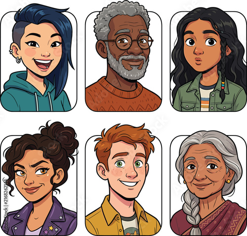 Diverse group of cartoon people avatars representing different ages and cultures