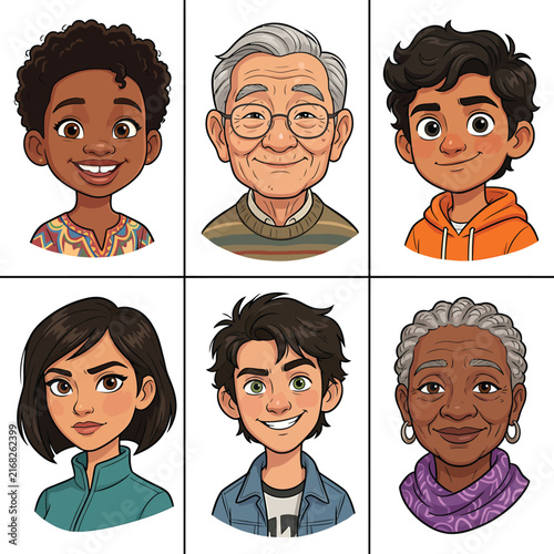 Diverse people avatar set of cartoon portraits with different ages and ethnicities inclusive community vector illustration