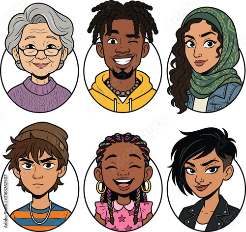 Diverse people avatar set with various ethnicities and expressions