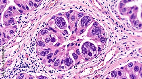 Microscopic view of human tissue cells showing histopathology and oncological structures.