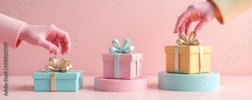  Pastel pink and mint green gift boxes on geometric podiums 3D render.