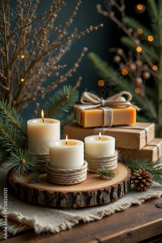 Cozy Christmas composition with burning candles and craft gifts on wooden slice.