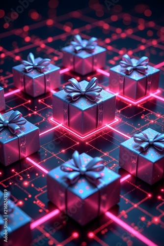  Cyberpunk neon gift boxes grid 3D render. Futuristic server digital package distribution concept.