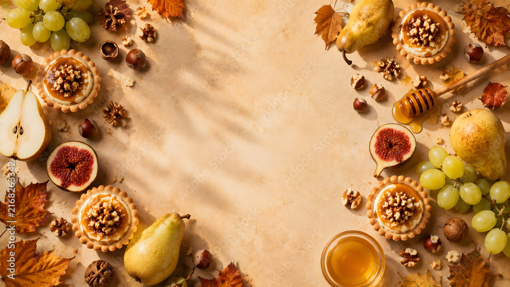 Obraz premium Autumn Pear Grape Fig and Honey Dessert Frame