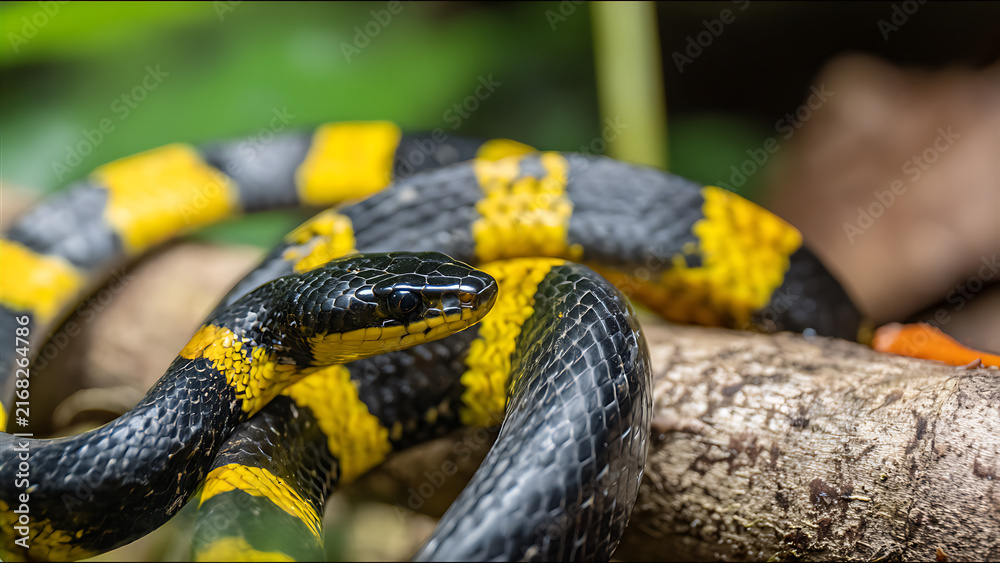 Obraz premium Close-up of a Venomous Coral Snake with Black and Yellow Bands.
