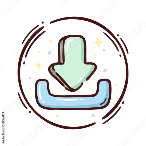 Cute download icon with a green arrow pointing into a blue box while sparkles fly around