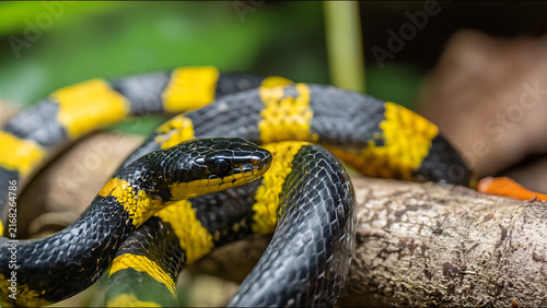 Close-up of a Venomous Coral Snake with Black and Yellow Bands.