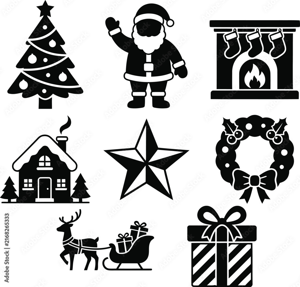 Naklejka premium A grouping of traditional black christmas silhouettes depicting a decorated tree santa claus a cozy fireplace presents a house reindeer and a shining star