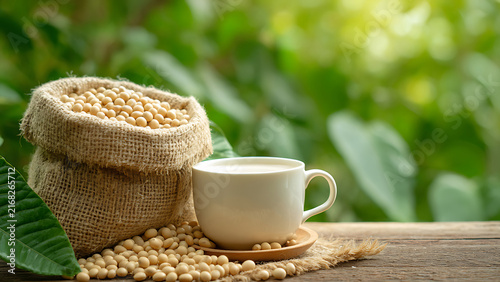 Freshly Harvested Soybeans and Creamy Soy Milk in a Rustic Setting.