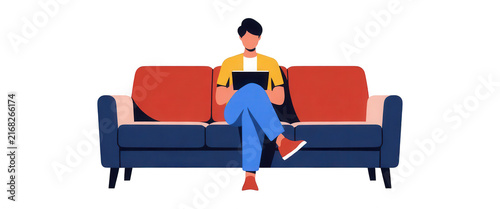 Man Using Laptop on Red Sofa Transparent Background