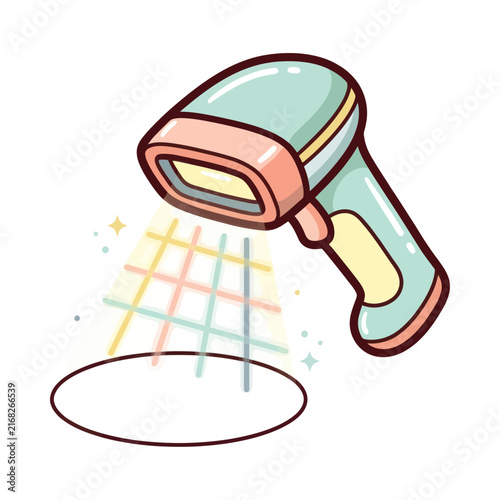 Cute cartoon barcode scanner with colorful light beams and sparkle effects recording data