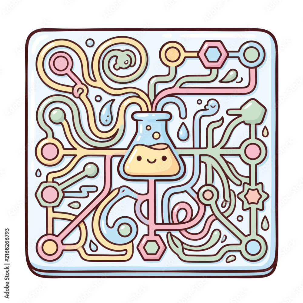 Fototapeta premium Cute cartoon flask experiment with colorful tubes and happy face joyfully exploring science and discovery